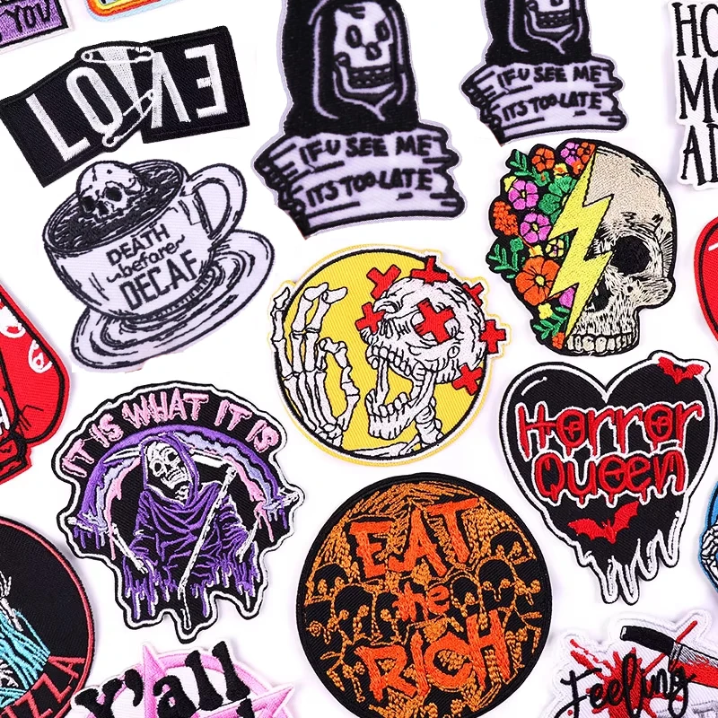 Horror Skull Patch Punk Embroidery Patch Iorn On Patches For Clothing Letter Ironing Sticker Embroidered Patches On Clothes DIY