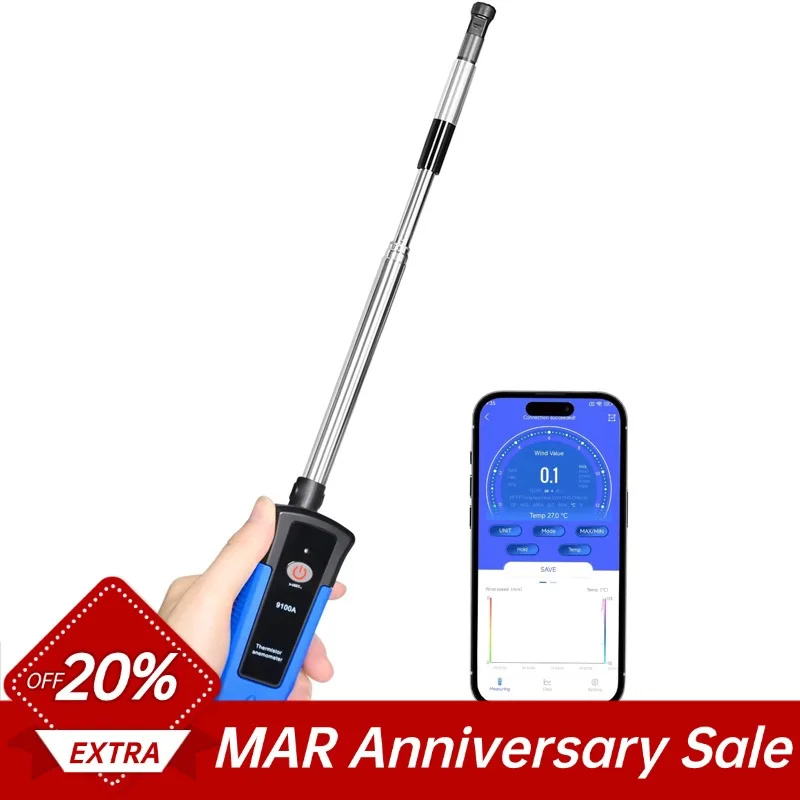 

Hot Wire Anemometer,Thermal Anemometer with 40m/s and Bluetooth, Extendable Rod 320-650mm, 9100A Wind Gauge Wind Meter with APP
