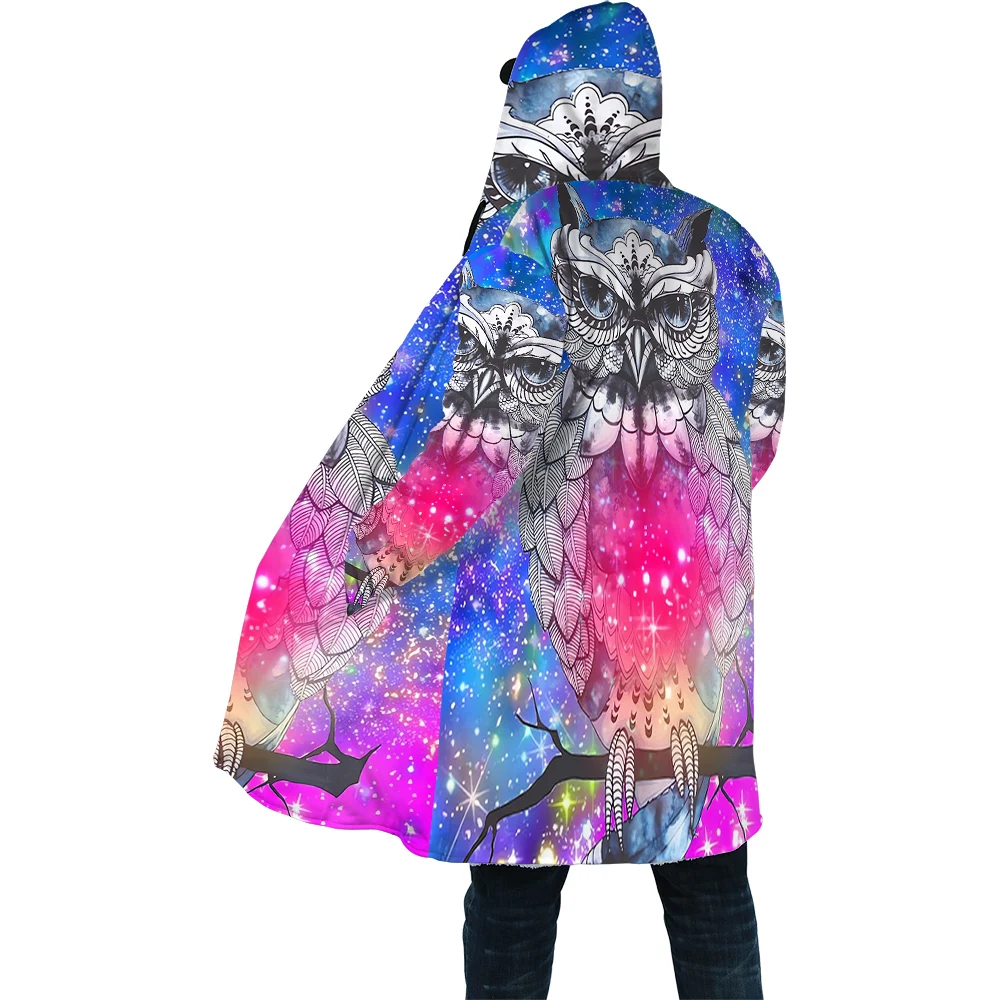 CLOOCL Fashion Mens Winter Cloak Pretty Colorful Owl Printed Windproof Fleece Cape Hooded Blanket Men Women Jacket Dropshipping