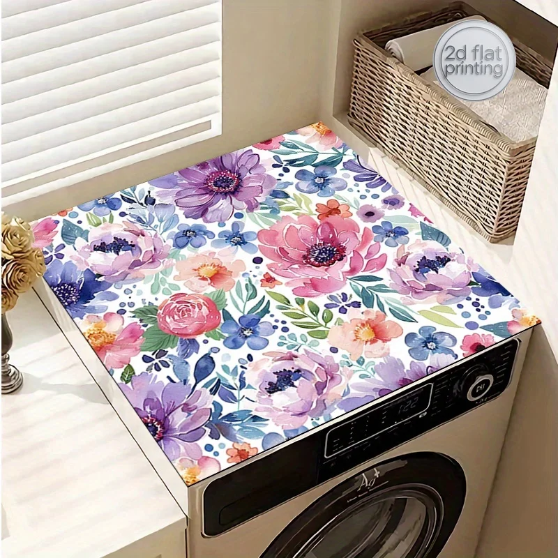 1pc Vibrant Watercolor Floral Non-Slip Washer & Dryer Top Mat 20x24in or 24x24in - Protects Appliances, Enhances Laundry Room De