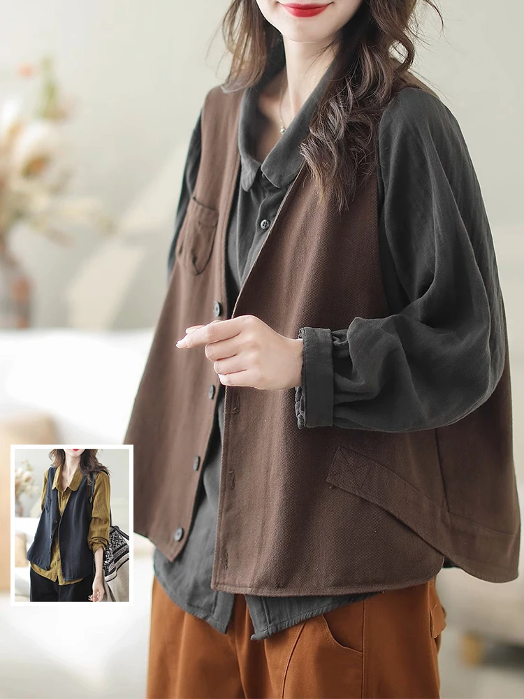 

Хлопковый жилет с талией в стиле ретро Jaet Autumn Sle V-Ne Single ket Color, большие размеры, женское многослойное пальто Faion