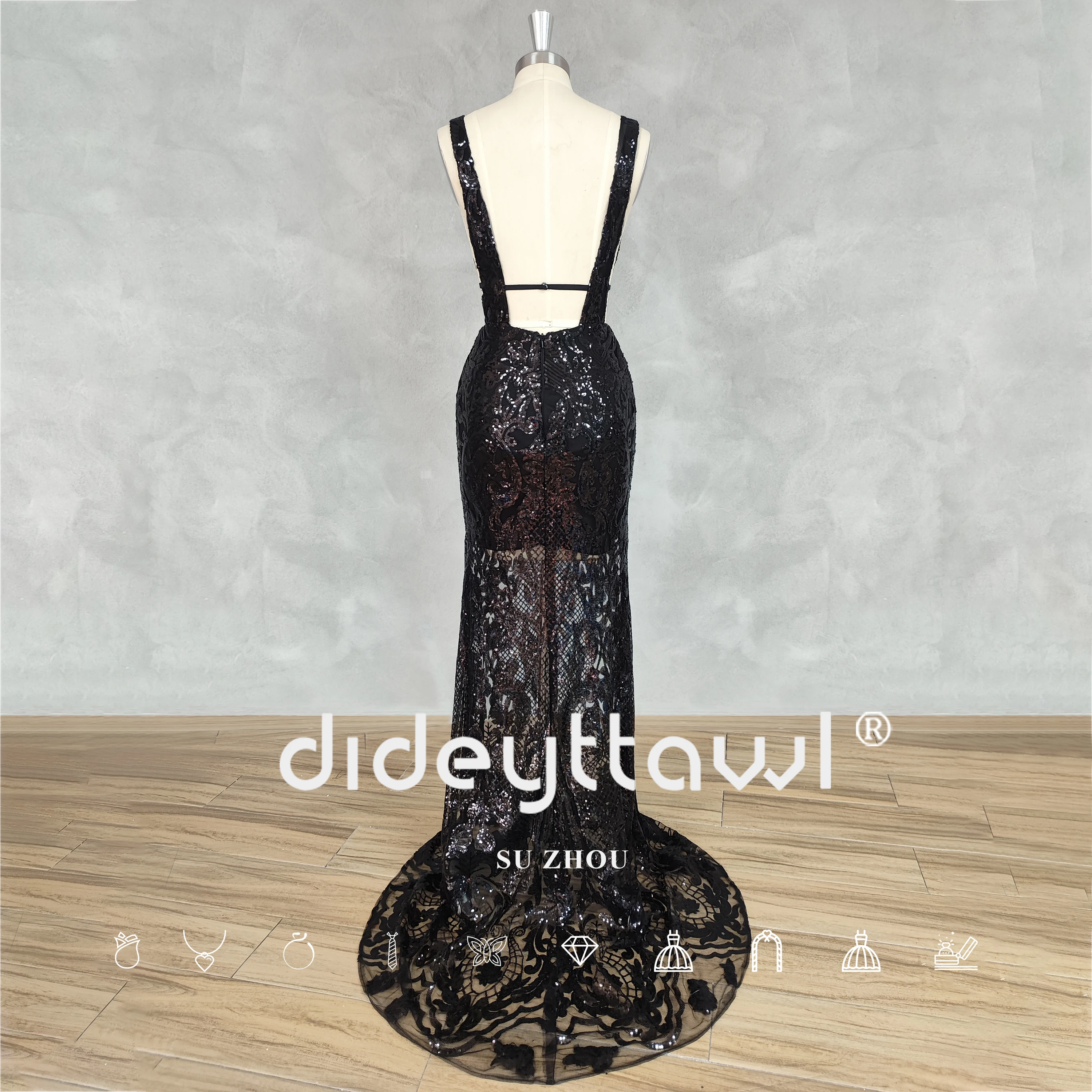 DIDEYTTAWL Real Photos Sexy Deep V-Neck Lace Prom Dress Illusion Sleeveless Sheath Open Back Fairy Floor Length Evening Gown