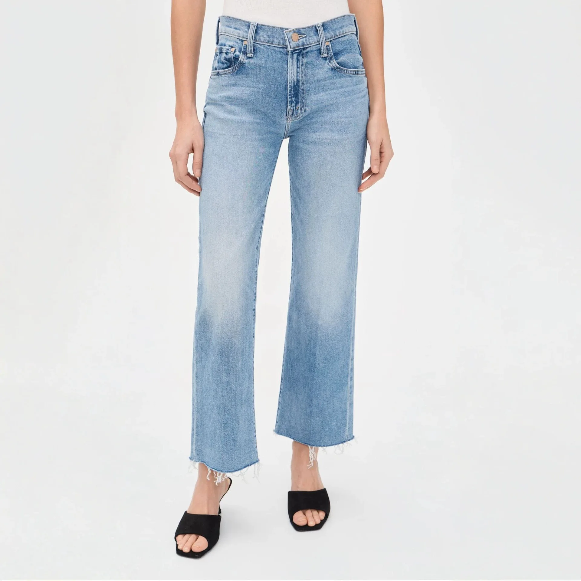 Dave&di Minimalist American Rmid Waist Light Blue 360degree Elastic Loose Edge Straight Leg Cropped Jeans For Woman Clothing