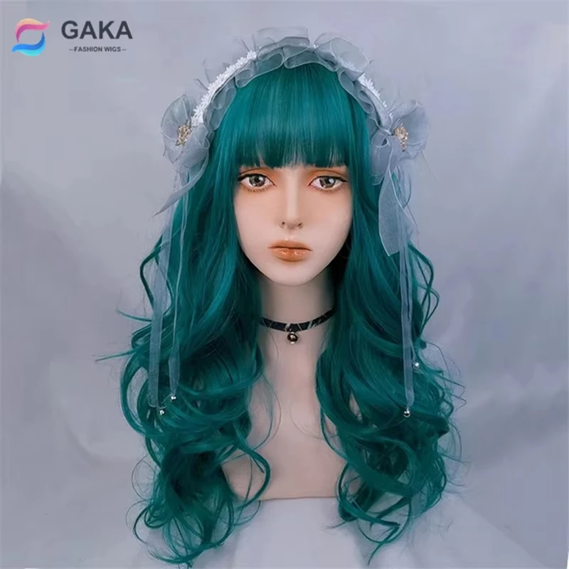 

GAKA женский синтетический вьющийся парик для косплея, модная воздушная бахрома, зеленый, фиолетовый, Лолита, волна, отделка лица, термостойкое волокно, голова