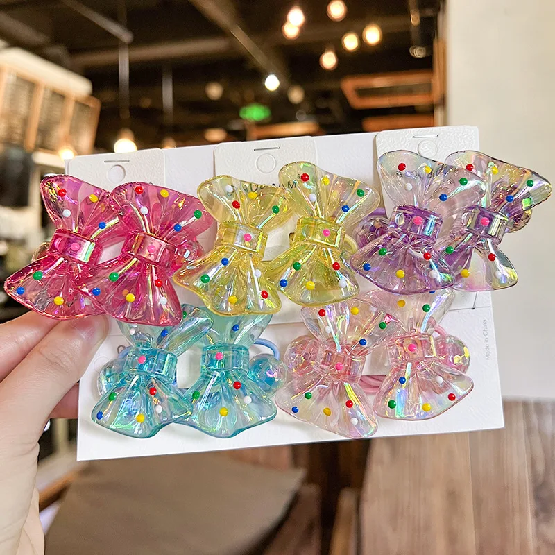 Korean Kids Polka Dot Bow Hair Rings Cartoon Rubber Bands with Glitter Disco Beads High Elasticity Ponytail Holders