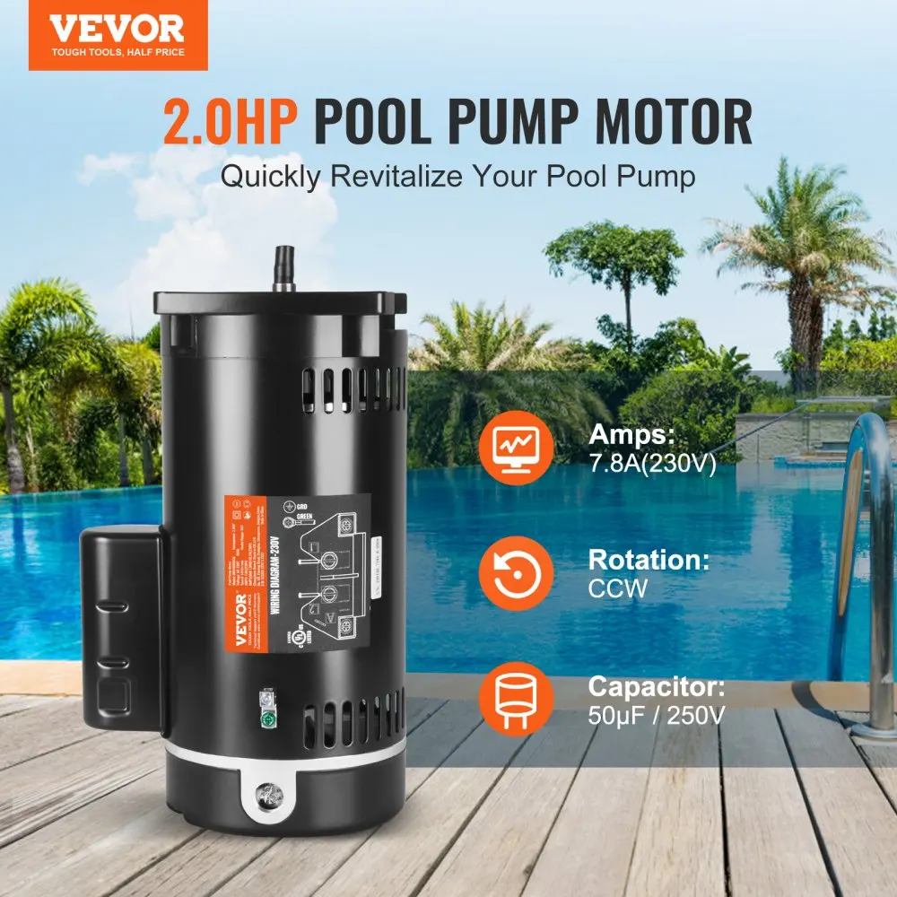 VEVOR   Pool Pump Motor Capacitor CCW Rotation Square Flange Replacement Motor