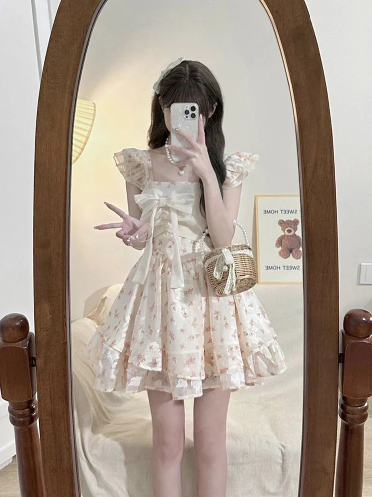 Jmprs Floral Süße Nette Bogen Kleid Frauen Schlank Vintage Fliegen Sleeve Mini Kleid Sommer Elegante Vintage Französisch Sexy Dame Vestidos