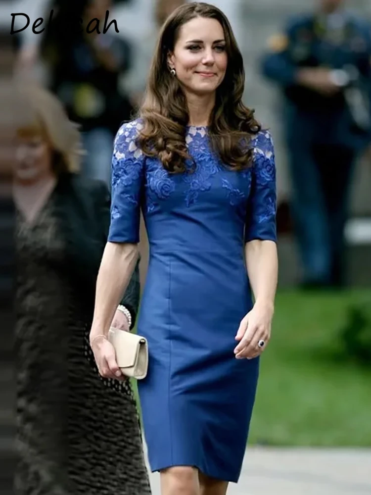 

Delocah High Quality Summer Women Fashion Runway Blue Dress Princess Kate Half Sleeve Lace Embroidery Elegant Pencil Dresses