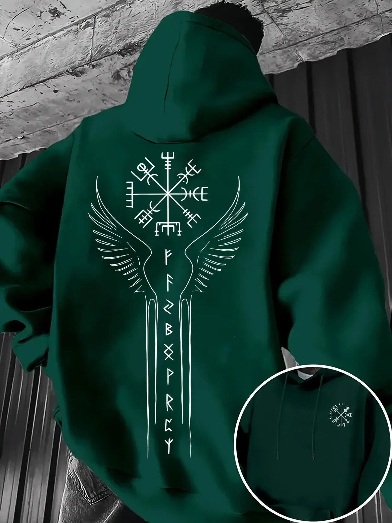 Herren Casual Herbst/Winter Bequemer Pullover-Hoodie mit Viking-Runen- und Kompass-Print - Bequeme, lockere Passform – Detail 6