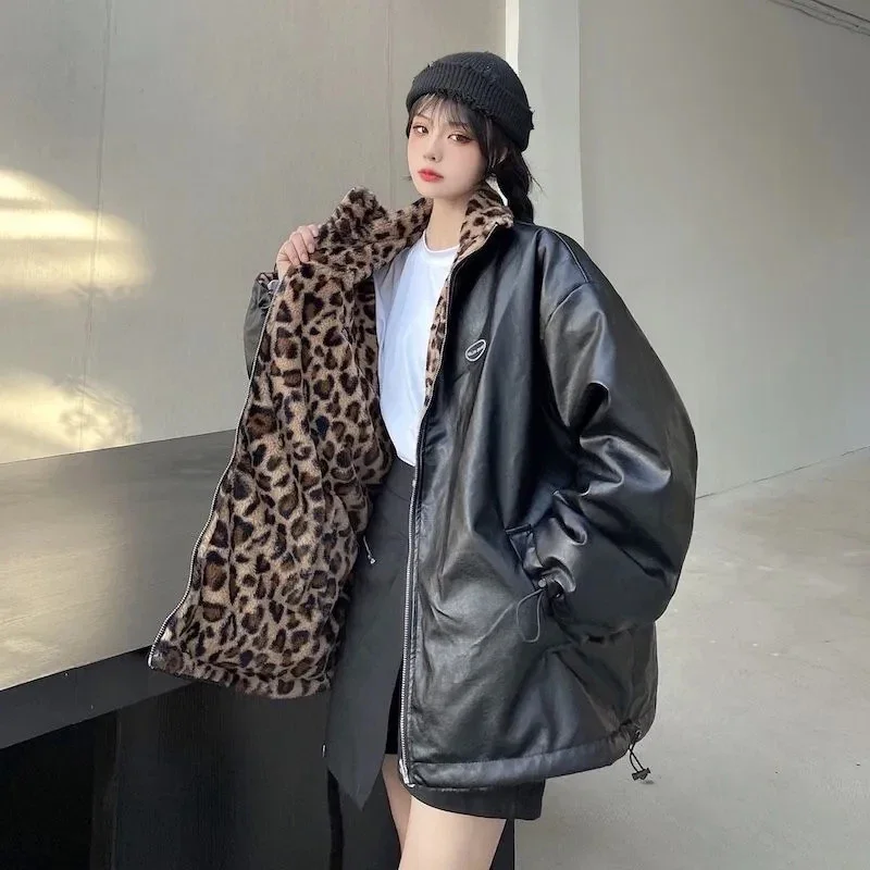 Autumn Pu Leopard Print Jacket Women Winter Fashion Two Sides Stand Collar Warm Outwear Y2K Loose Streetwear Korean Coats Q18