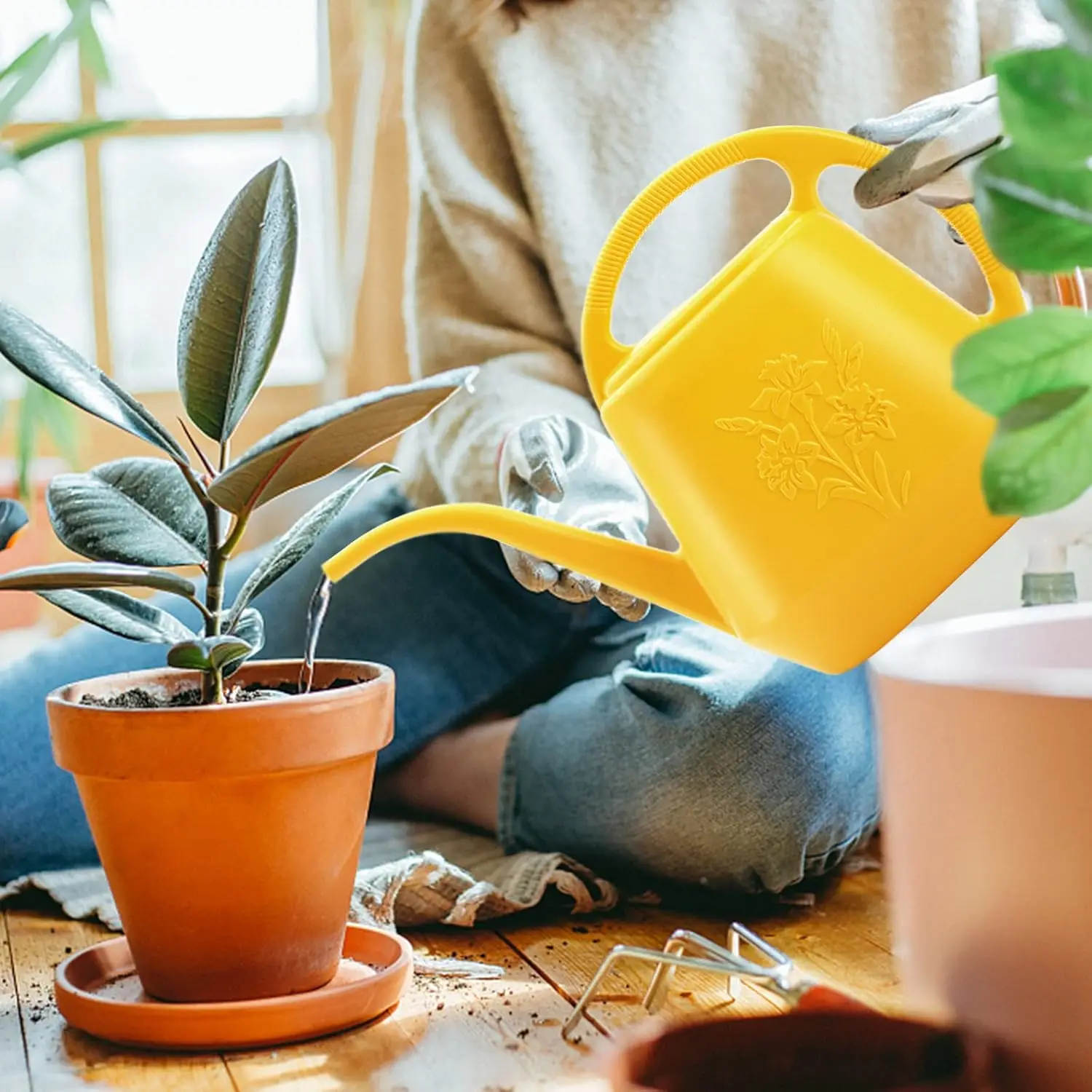 1-Gallon Plastic Watering Can with Long Spout for Indoor Outdoor Garden Plants, Yellow view 6