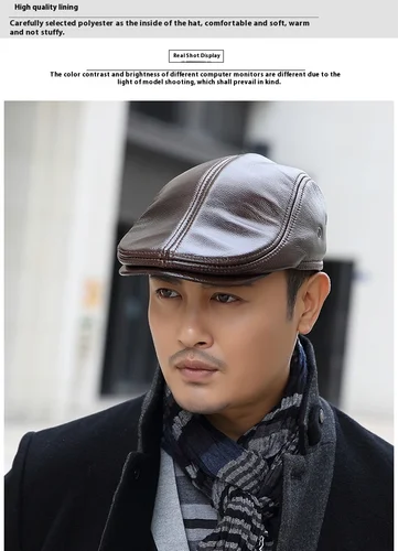 Imagen 2 del producto Gorro de boina de cuero genuino 2025 para hombre, gorro cálido a prueba de viento para invierno, gorra con visera de caballero a la moda, sombrero de conductor elegante Vintage para regalo