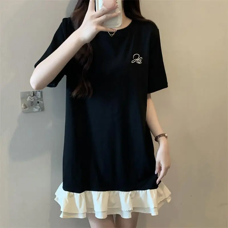 Plus Size Patchwork T Shirt Dress Summer New Short Sleeve Solid Loose Contrast Korean Midi Dress Casual Fashion Women Clothing