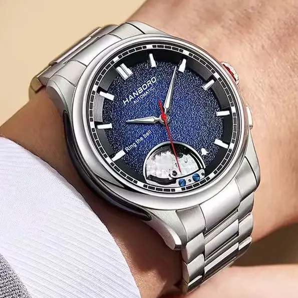 HANBORO Men Automatic Watch Fashion Alarm Mechanical Wristwatch Waterproof Sapphire Mirror Luminous Ring The Bell Miyota 9015