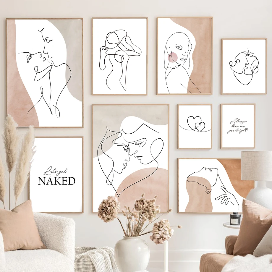 Love Heart Hands Line Girl Boy Abstract Nordic Posters And Prints Wall Art Canvas Painting Pictures For Living Room Decoration