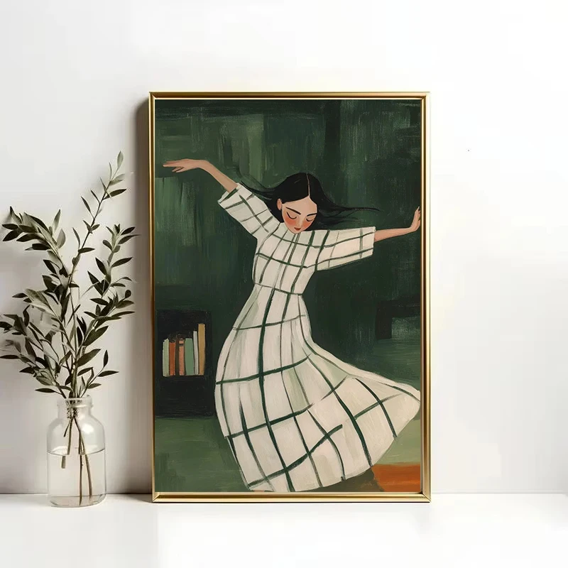 Dancing Girl with Champagne Poster Woman in Striped Coat Emerald Green Canvas Painting Print Wall Art Picture Room Home Decor