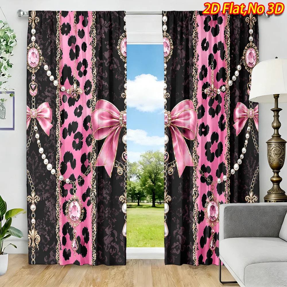 2PCS Pink Leopard Bow Print Curtains, Black Cheetah Pearl Chain Rhinestone Pattern Window Drapes for Girls Bedroom Decor