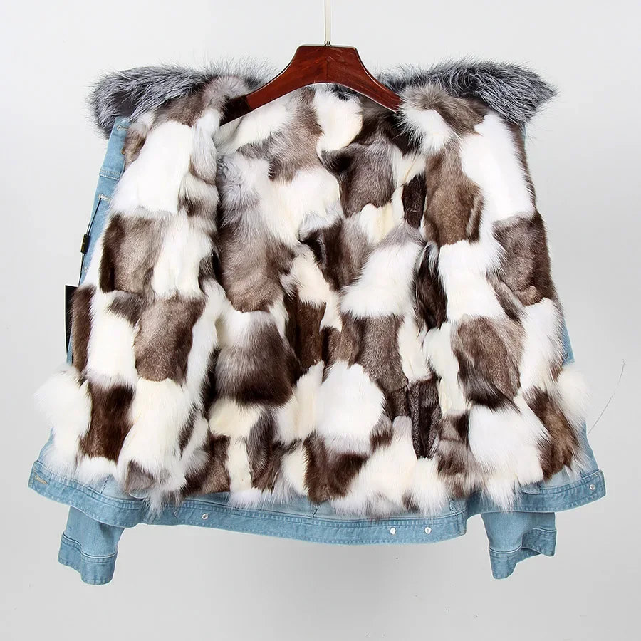 Imagem -05 - Maomaokong-cabolsa de Parka Feminino Jaqueta Natural de Pele de Guaxinim Forro de Pele Fox Real Jaqueta Jeans Curta Bomber Fashion Inverno 2023