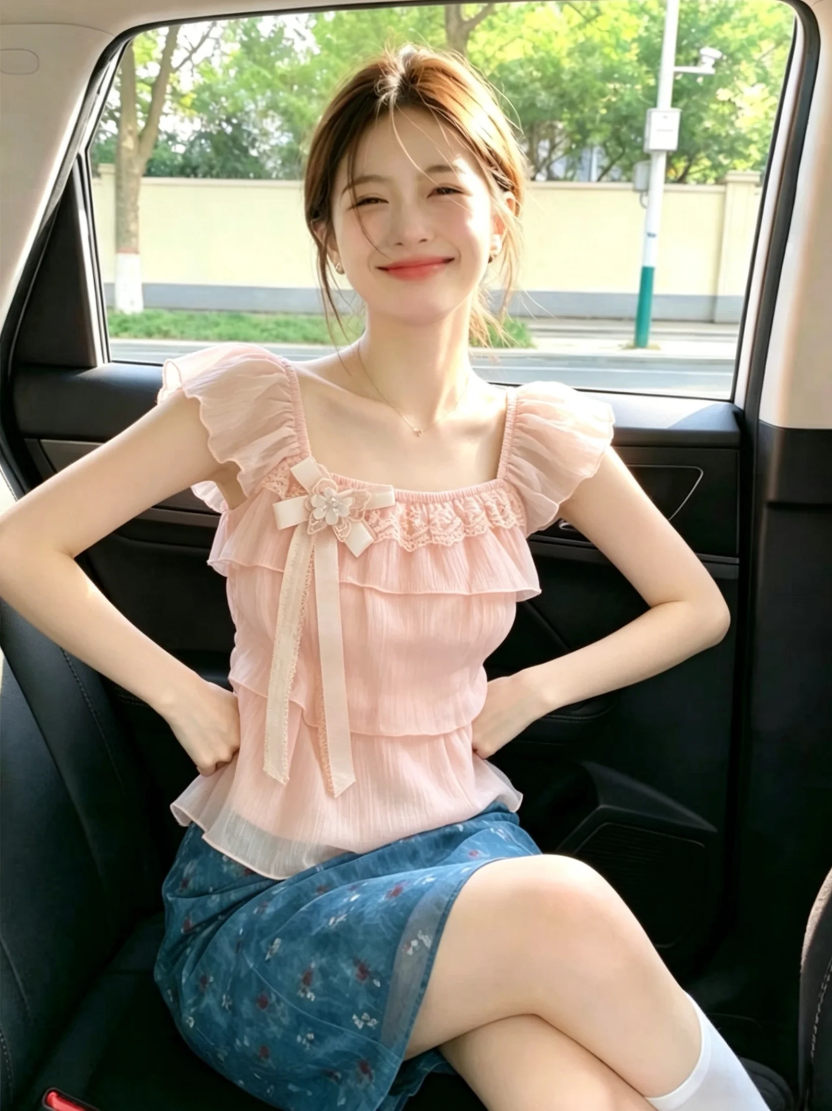 

Summer New Style Women's Self-Purchase Knot Lace Trim Fly Sleeve Chiffon Shirt Sweet Straight Tube Top without Sleeve