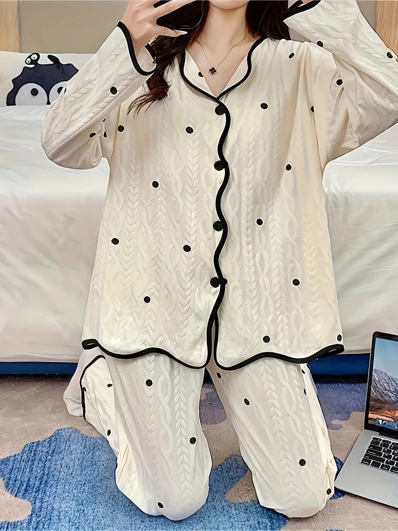 

High-Aesthetic Women's Pajama Set for Spring & Autumn - Long Sleeve, Long Dress, Premium, Minimalist & Lazy-Style Loungewear