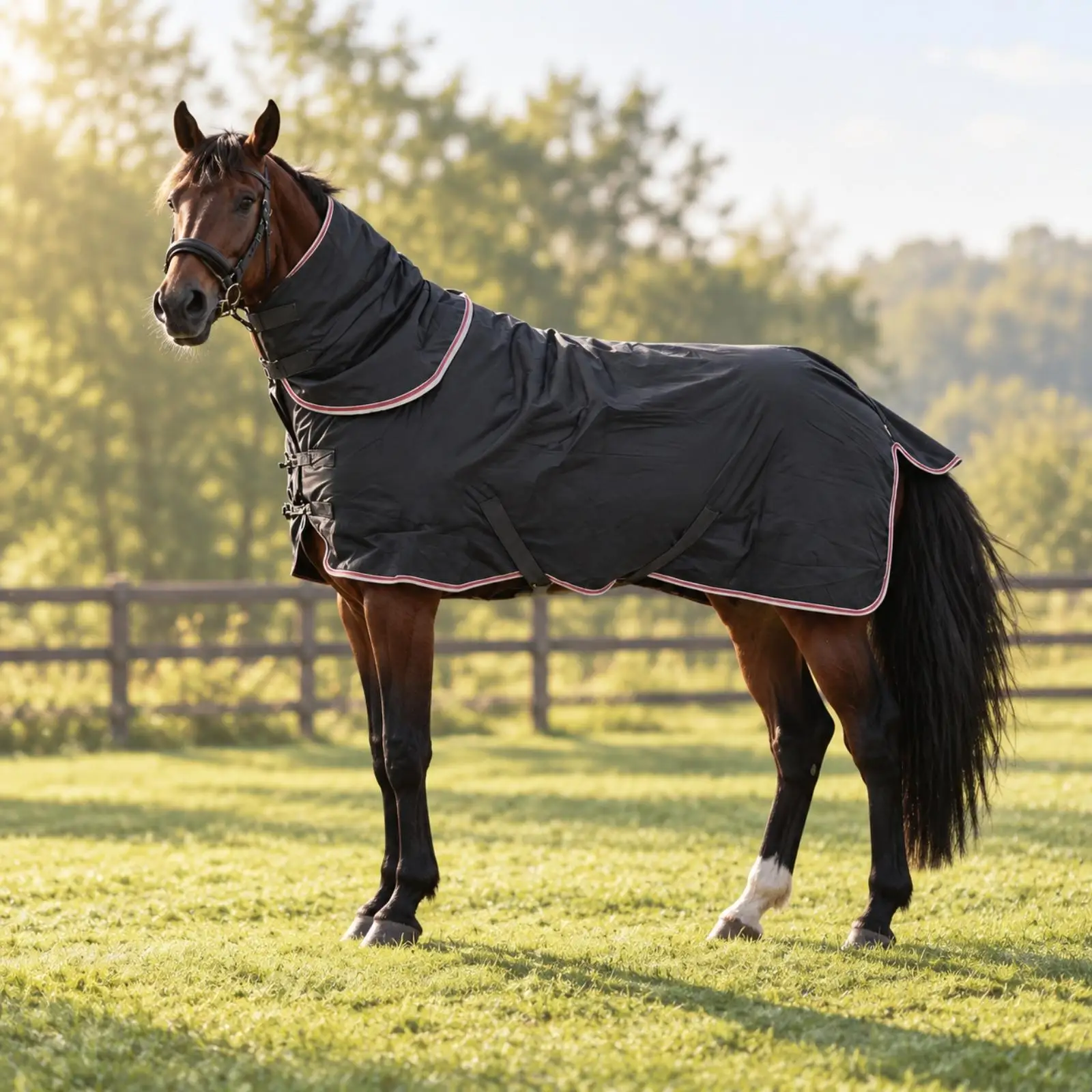 Outdoor Horse Rain Blanket 1000D Polyester Windproof Waterproof Turnout Rug with Adjustable Belly Straps for Comfort