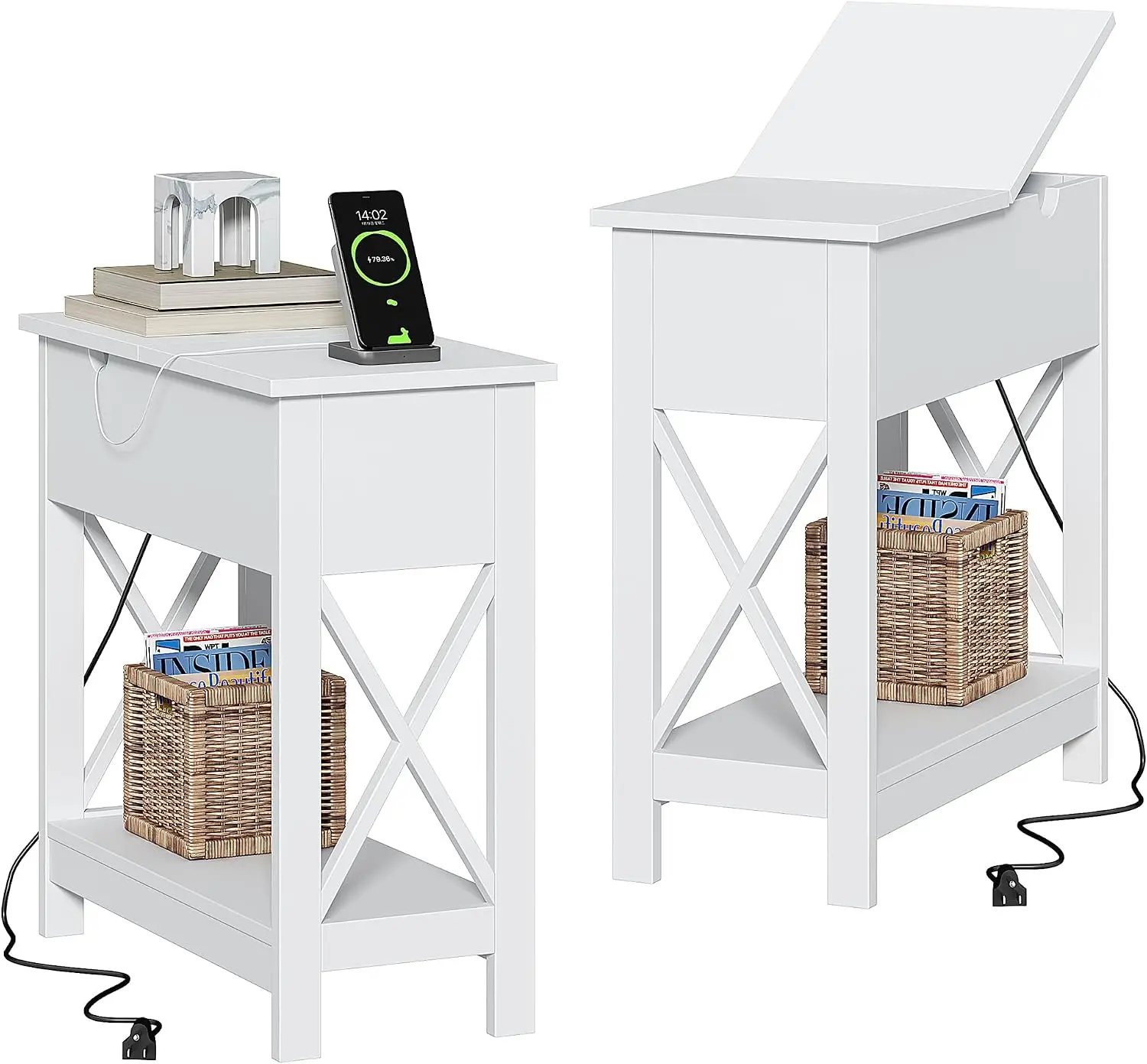 ChooChoo End Table with Charging Station, Narrow Flip Top Side Table with USB Ports & Power Outlets for Small Spaces, Nightstand