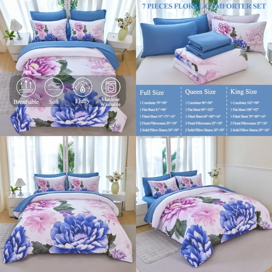 

Full Size Bed in A Bag Floral Bedding with Comforter Set 7 Pieces Botanical Comforter Set Soft Elegant Pink Flower Bed Set for