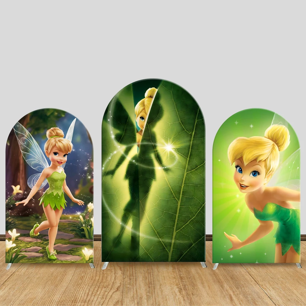 

Tinker Bell Arch Backdrop Cover Disney Green Forest Fairy Cartoon Kids Birthday Baby Shower Decorations Photography Background