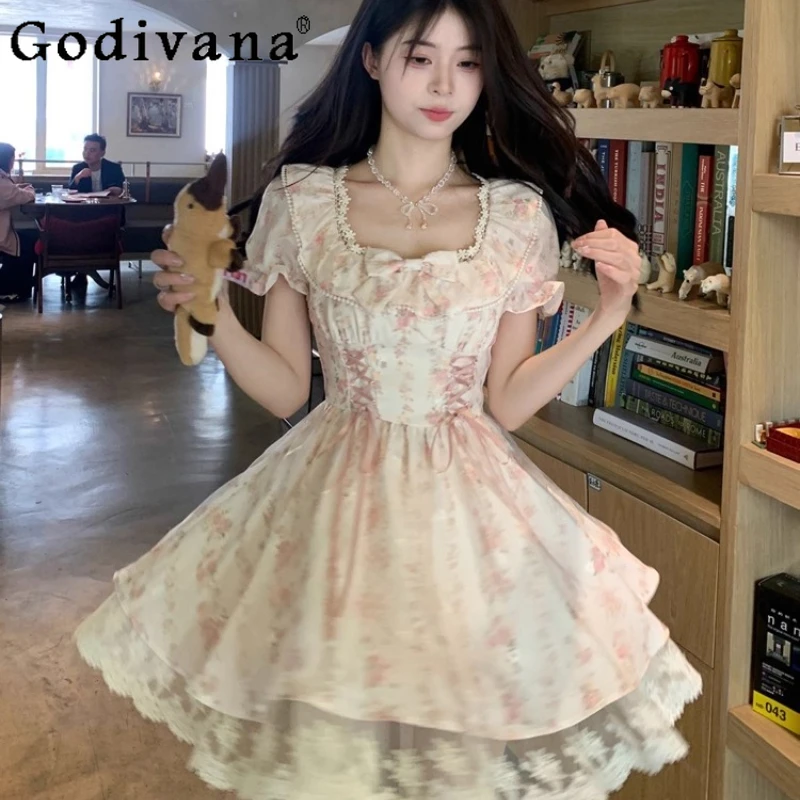 

Gentle Sweet Floral Lolita Dress for Women Summer Lace Up Elegant Waist Cinching Dress Female Japanese Princess Short Dress