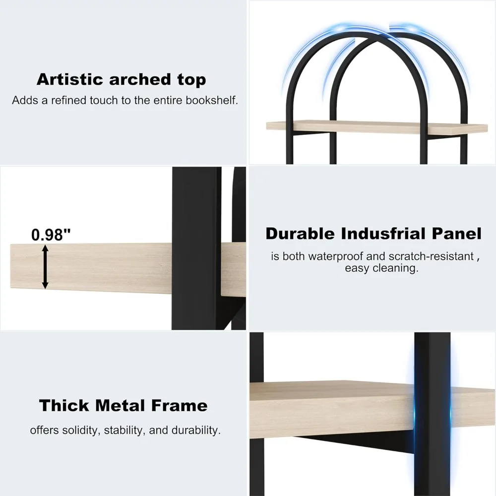رف كتب مكون من 5 طبقات مقوسة، أرفف كتب صناعية مفتوحة بطول 74 بوصة لغرفة المعيشة، رفوف عرض حديثة قائمة بذاتها