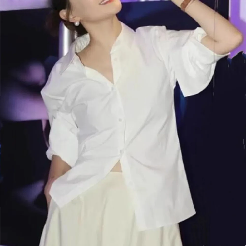 

2025 Spring Autumn Lapel White Cotton Shirt Women Single-Breasted Buttons Full Sleeve Loose Blouses Tops