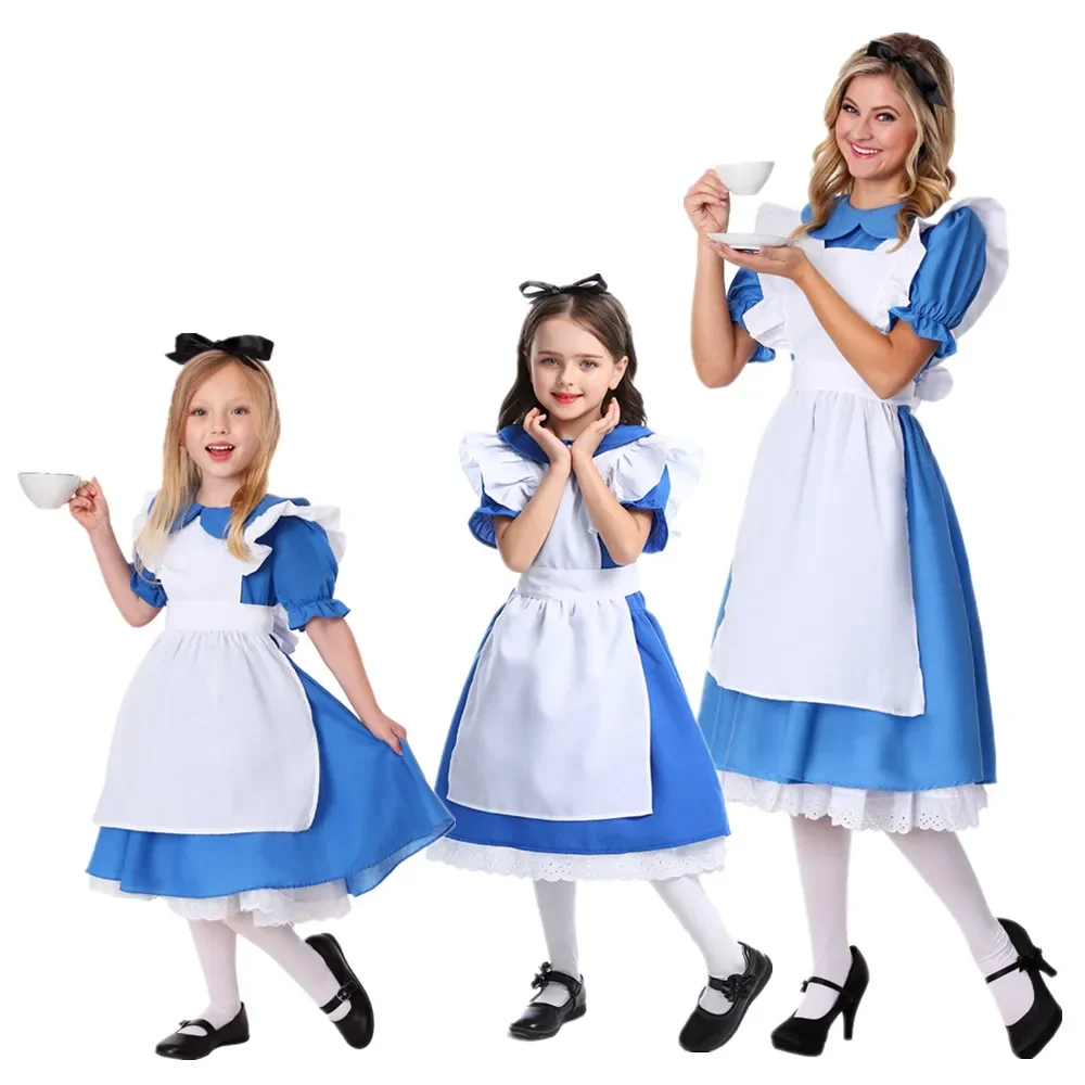 

Alice in Wonderland Kids Girls Fancy Dress Maid Lolita Cosplay Costume Adult Women Halloween Party Fancy Dress Up Outfits Set