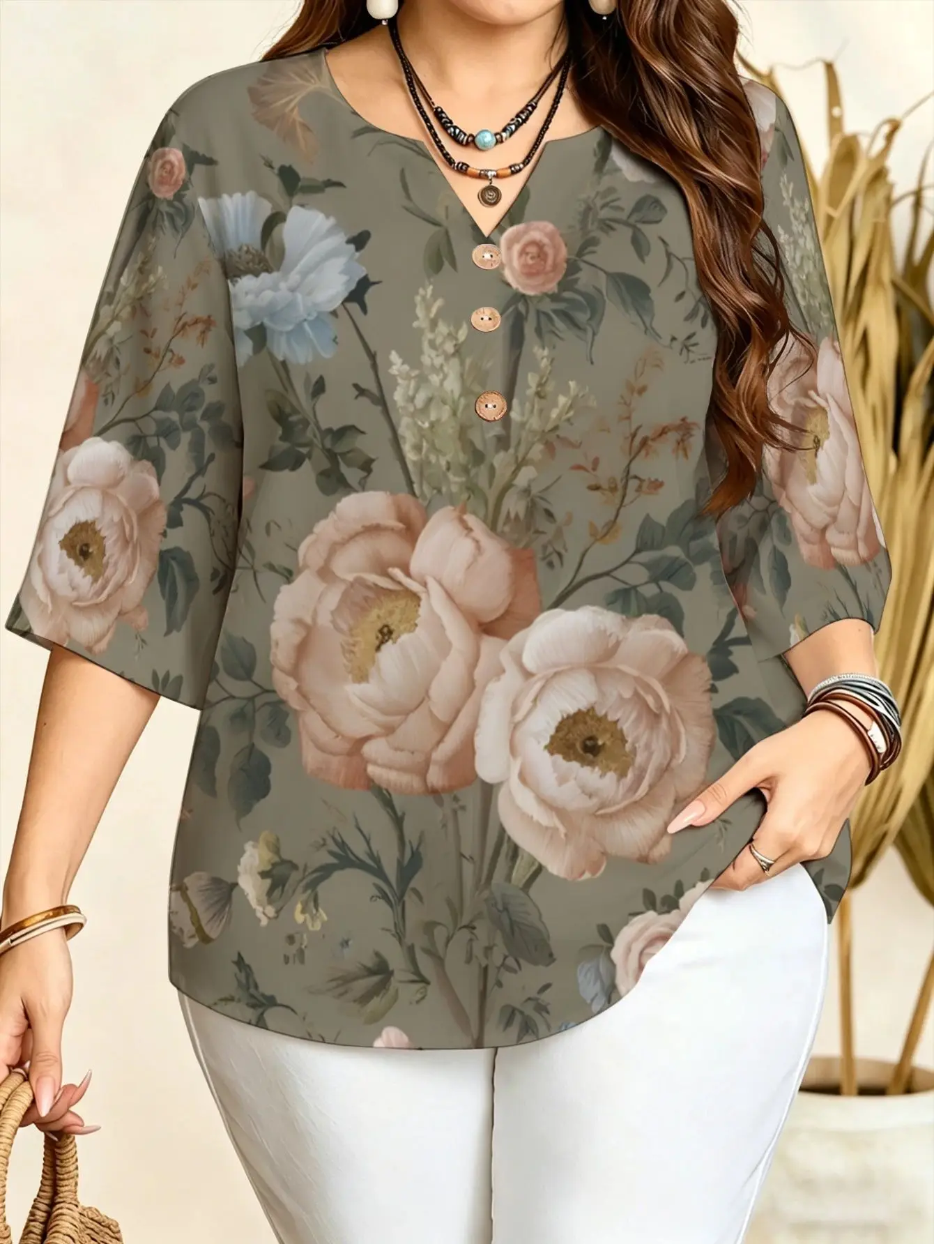 Vintage Floral Peony Paisley Ethnic Flower Print Plus Size Blouses Notch V Neck 3/4 Sleeve Soft Loose Curvy Women