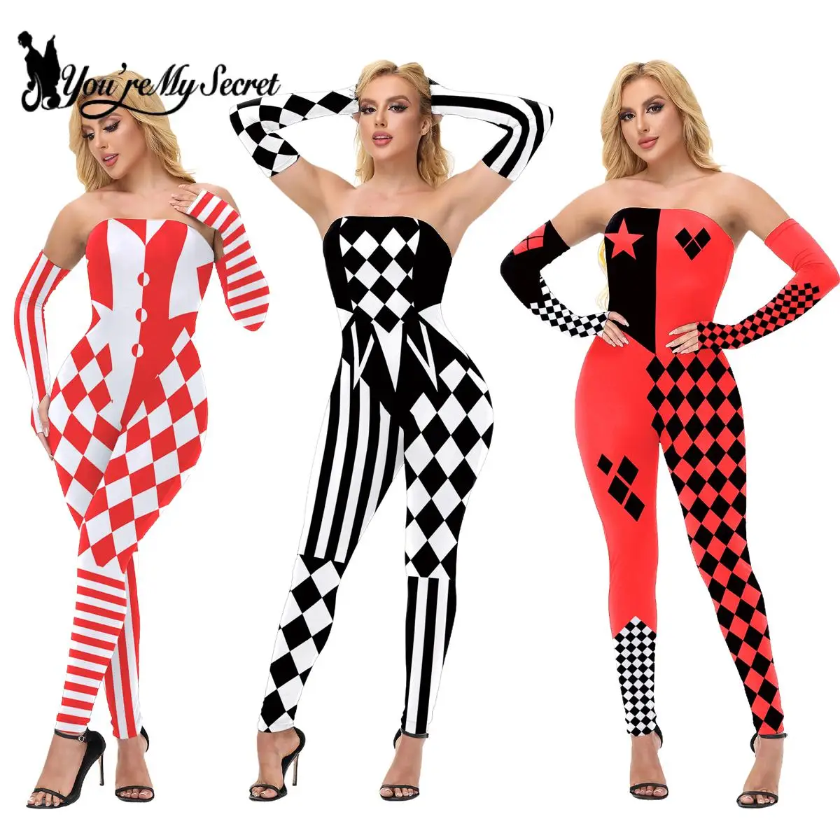 

[You're My Secret] Anime Harley Q Clown Strapless Jumpsuits Sexy Women Catsuit Joker Cosplay Costumes Halloween Bodysuits