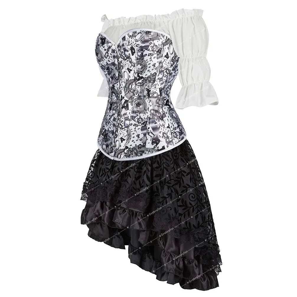 Women Corset Skirt Blouse 3 Piece Sexy Printing Bustiers Steampunk Korsett Burlesque Bustier Outfits Halloween Costume Plus Size