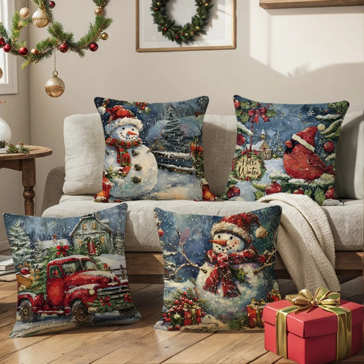Vintage Winter Snowman Red Truck Cardinal Bird Christmas 4Pcs Throw Pillow Covers, Home Decor Cushion Cases for Sofa Bedroom