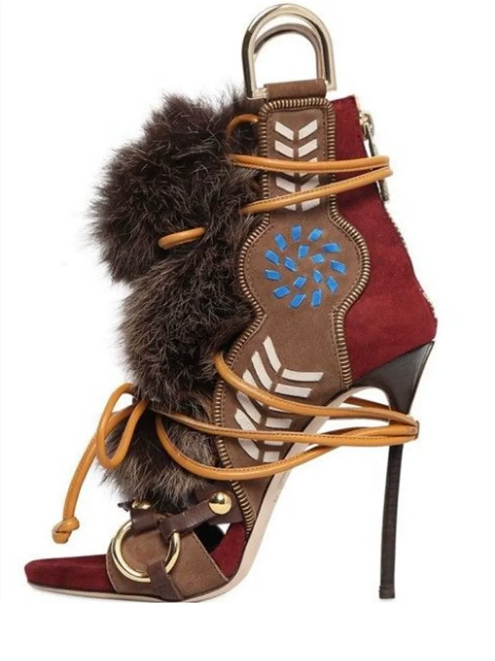 

Burgundy Suede Printed Women's Sandals Crisscross Lace-Up Stiletto Heel Retro Metal Buckles Fleece Panel Detail Shoes
