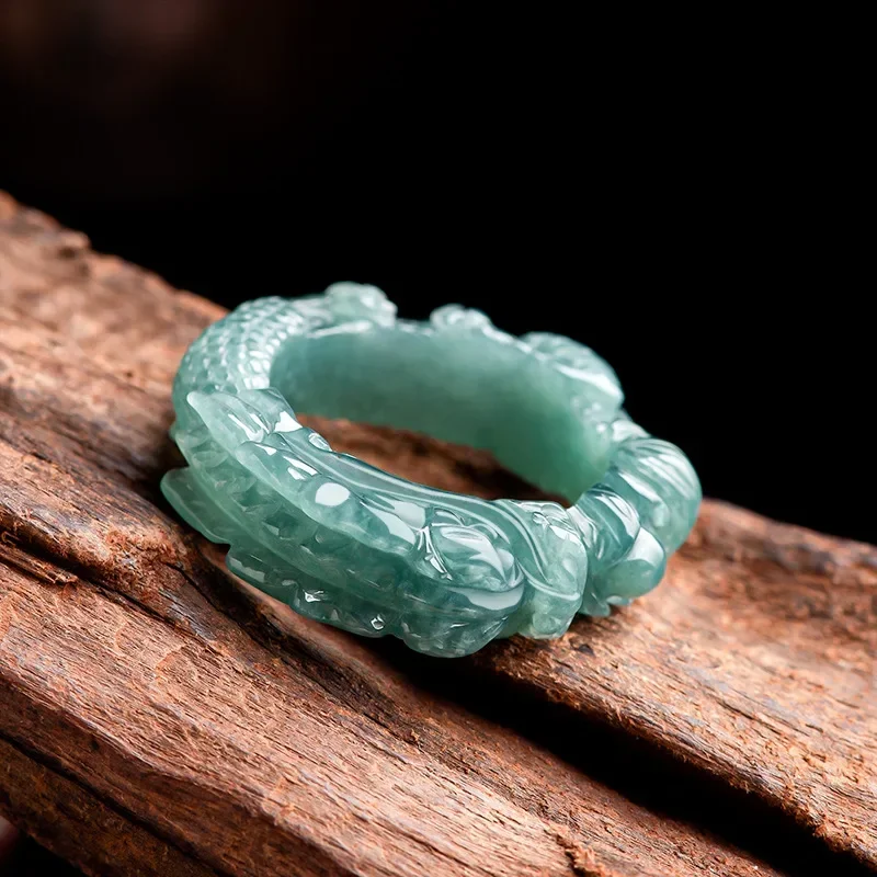 

High Grade Natural Jadeite Blue Water Dragon King Ring with Three-dimensional Handcrafted Ice Type Jade Ring Dragon Men Gift