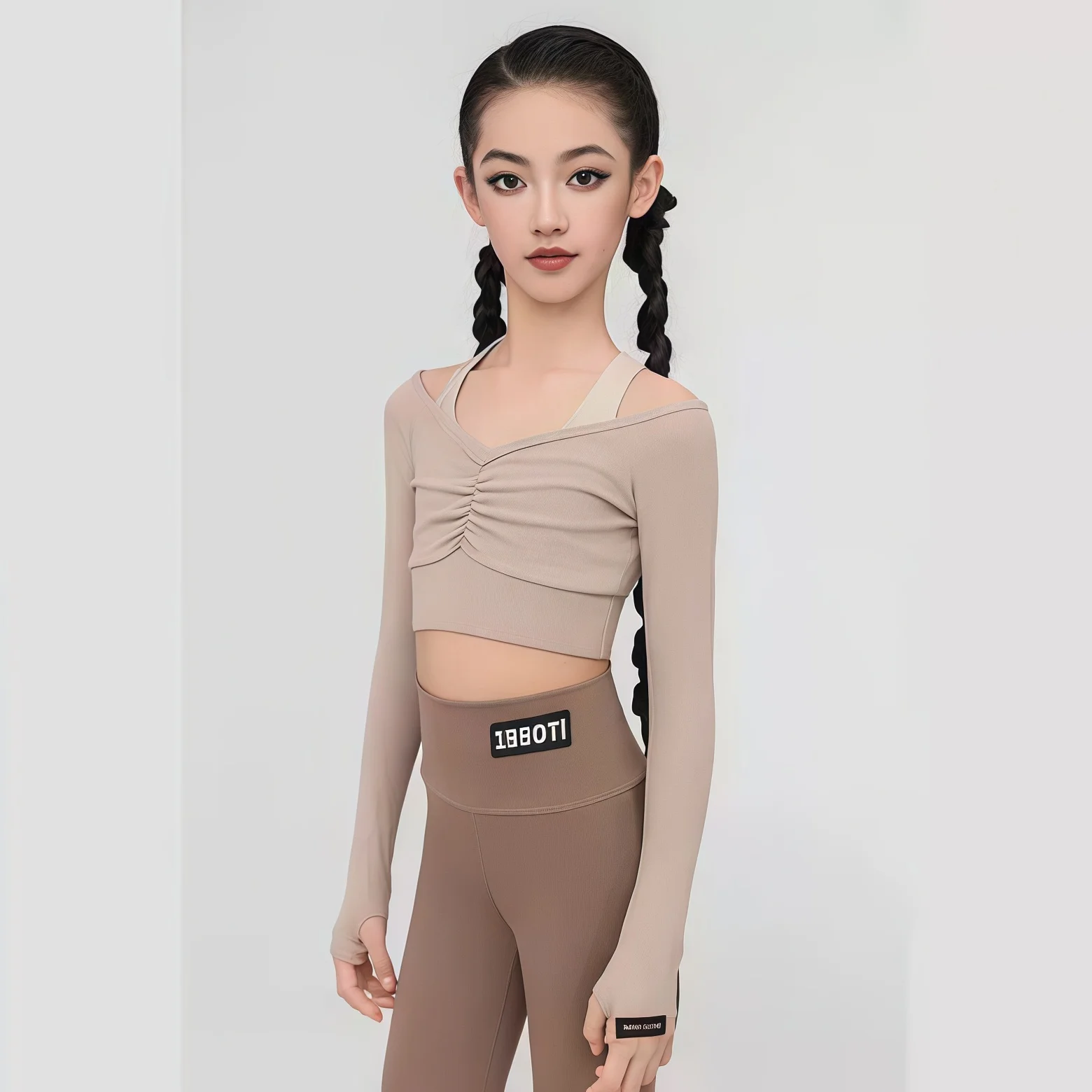 ที่กําหนดเองผู้หญิงผู้ใหญ่หญิงเต้นรําละตินเครื่องแต่งกายปิดไหล่แขนยาวแยกกางเกงบานเล็กน้อยชุดกีฬาสไตล์ชุด