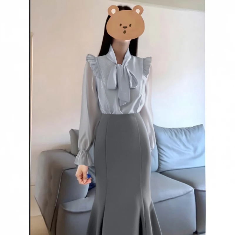 

Elegant Shirt And High Waist Skirt Two-Piece Set with Slimming Design Autumn Fashion Women's Premium Quality Outfit