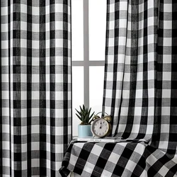 Black White Gingham Curtains Panels for Living Room Plaid Drape Kitchen Bedroom Rod Pocket Blackout Checkered Top Window Curtain