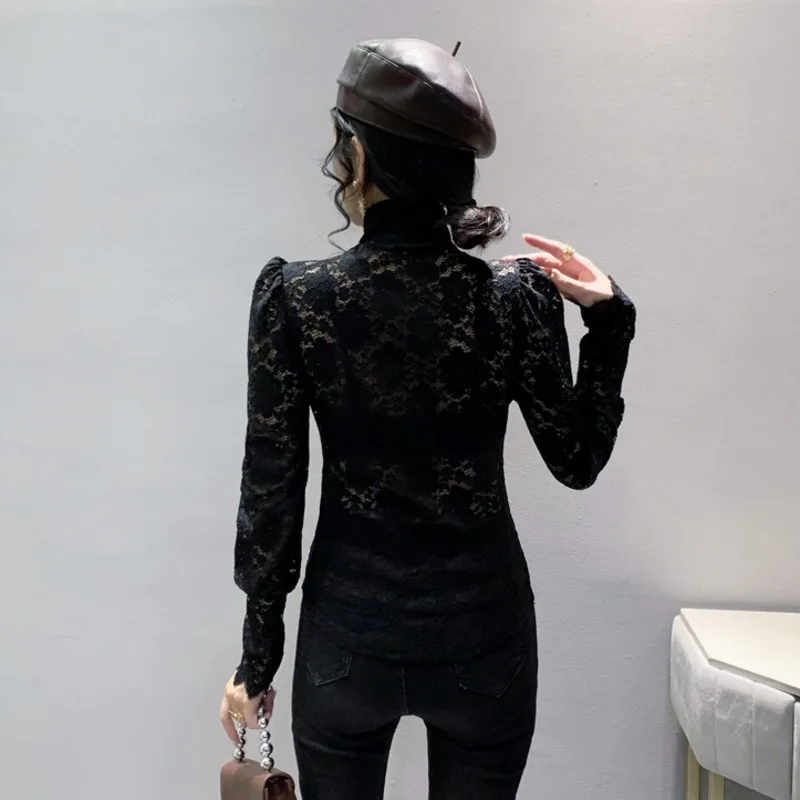 #8322 Black White Khaki Vintage Short Lace T Shirt Women Sexy Hollow Out Wrap T-Shirt Female Long Sleeve Thin Turtleneck Tight