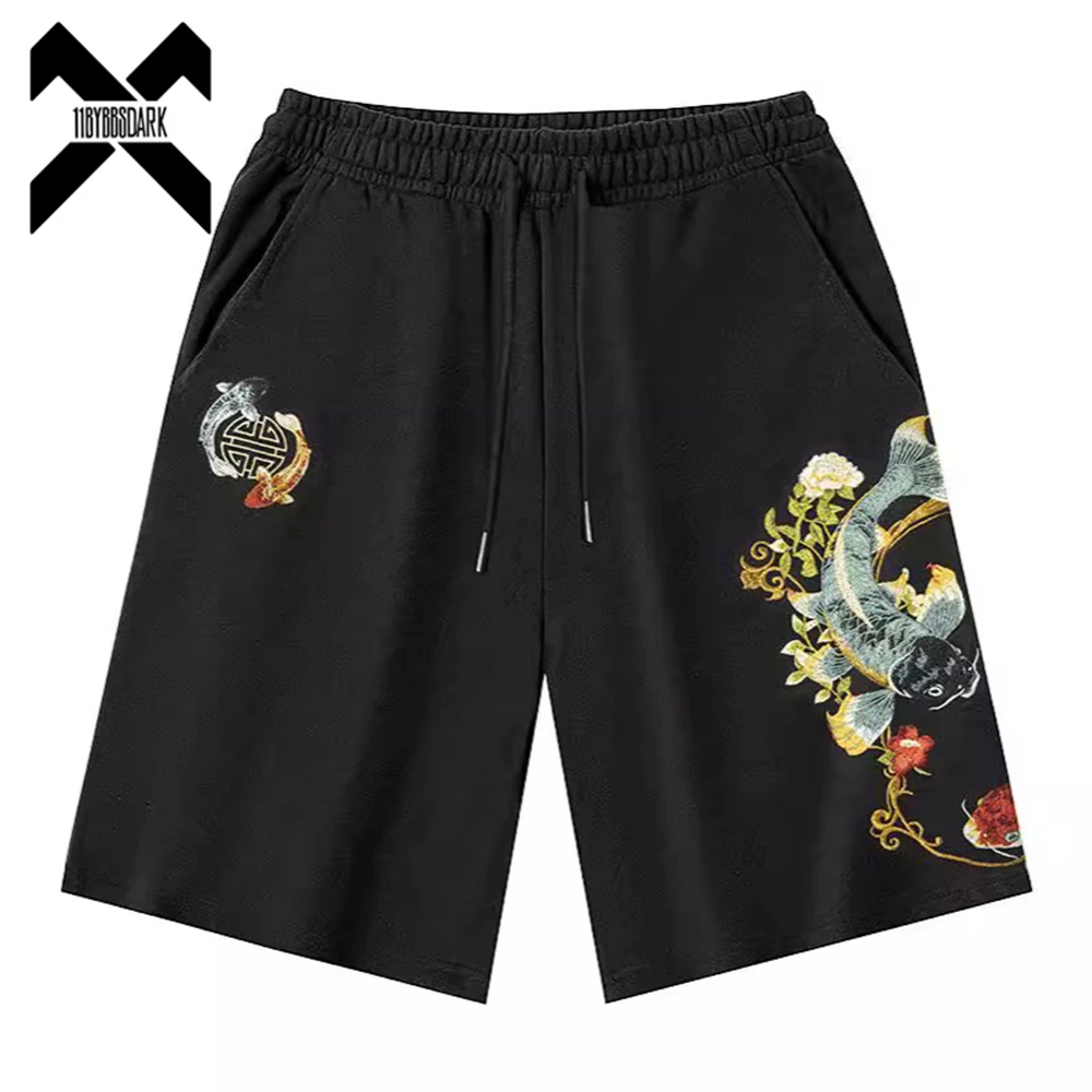 Summer Koi Embroidered Shorts Men Black Sweatpants Short Pant Loose Streetwear Elastic Waist Knee Length Shorts