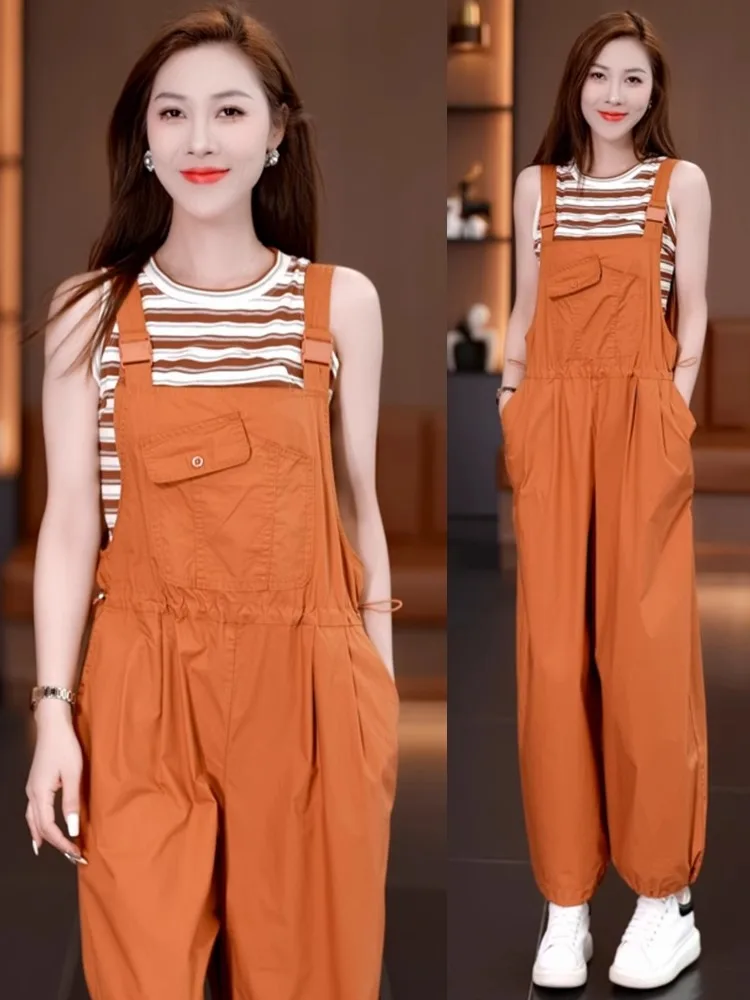 

Повседневный рабочий комбинезон для женщин: летний новый комплект из двух предметов с эффектом омоложения, брюки с высокой талией, дышащий хлопковый смесовый материал