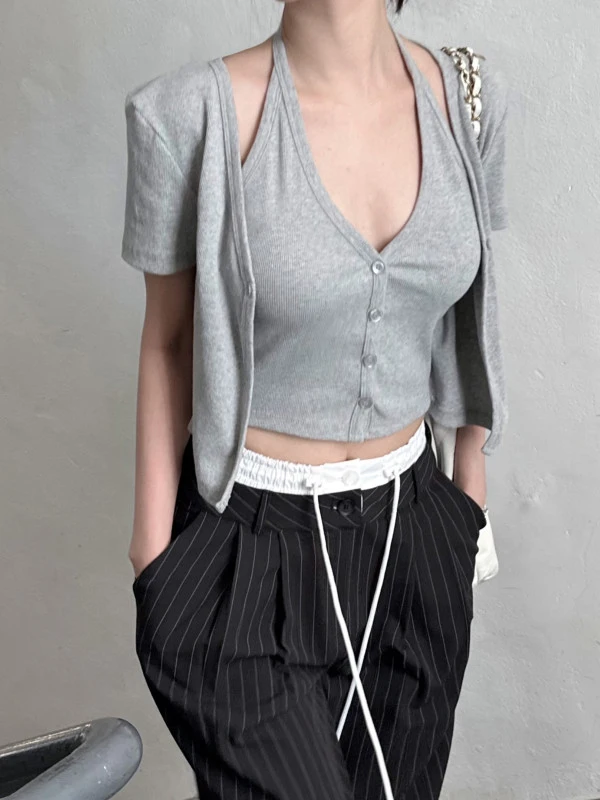 Faionable Canotta da donna coreana Sle Estate 2025 Ne Hanging Or Sve Cardigan slim fit Top da ragazza piccante in due pezzi falso