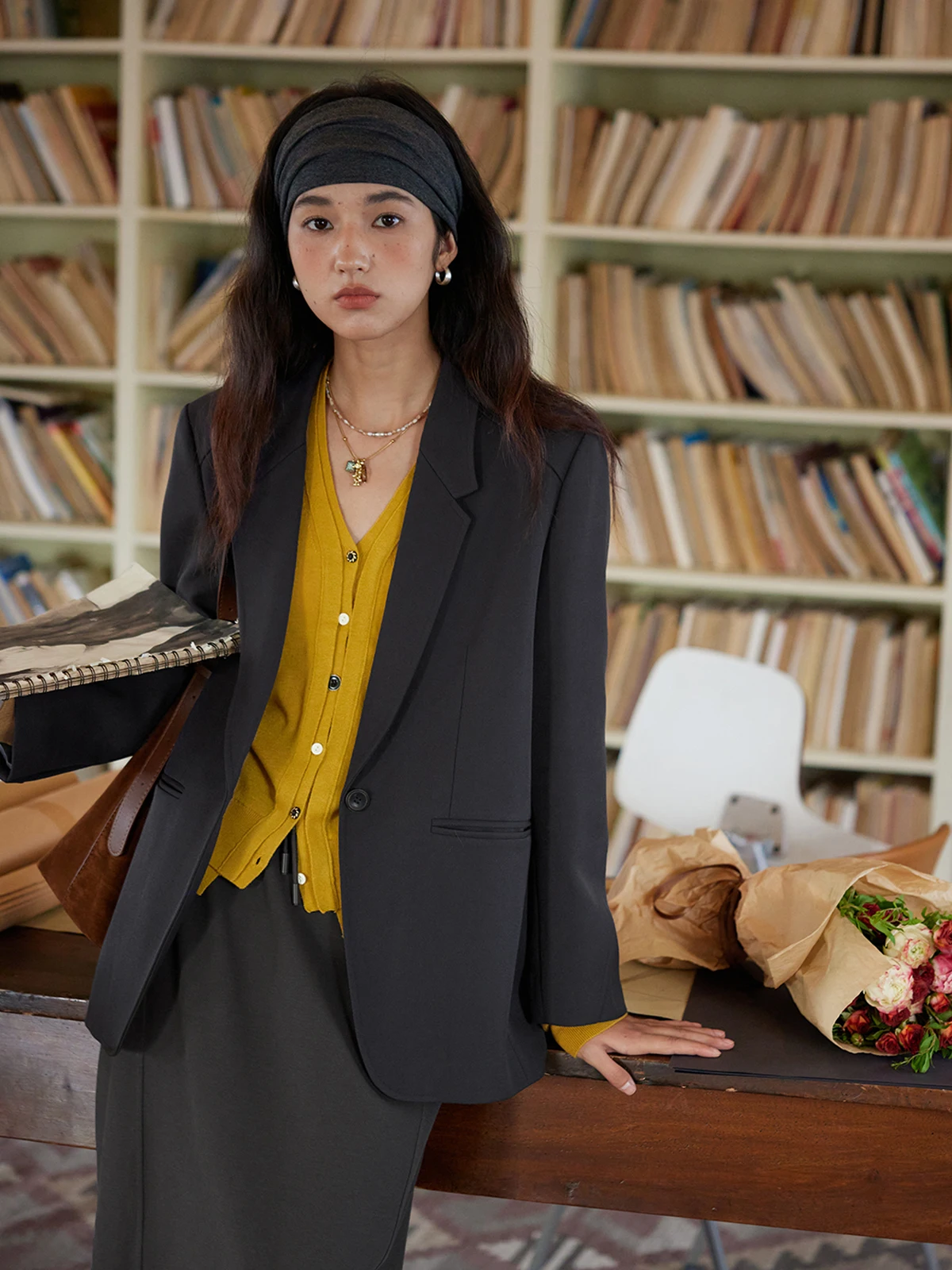 

Solighter Vintage Pine Pattern Camere Women's Suit Slimming Outerwear Commute Sle Stand Fit Long Sve Coat