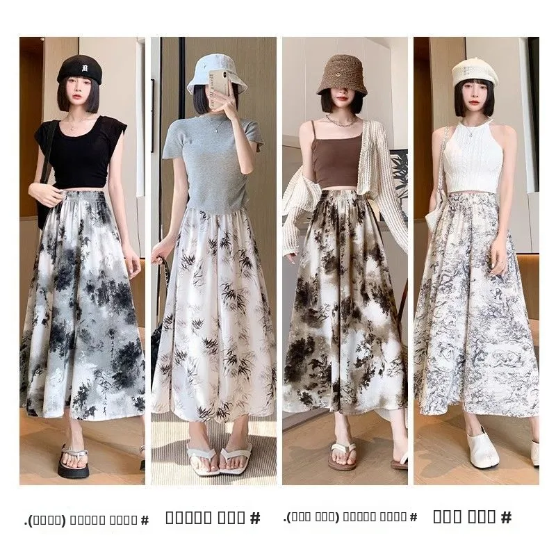 

Широкие брюки-палаццо из шифона с эффектом ледяного шелка, женские, летние, тонкие, с высокой талией, струящиеся, маленькие размеры, в стиле китайской живописи, в национальном стиле