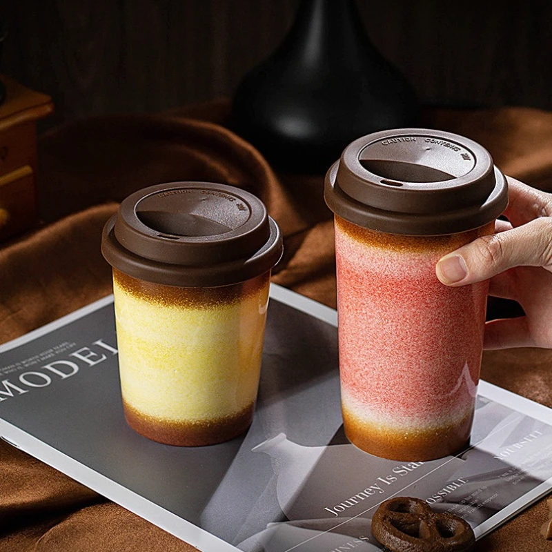 290ml/350ml Ceramic Coffee Mug Large Capacity Ombre Glaze Travel Cup with Silicone Lid for Home Office Portable Drinkware