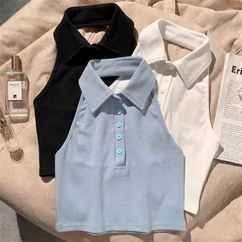 여성용 섹시한 크롭 탑, 폴로 칼라 홀터 탱크 탑, 캐미스 백리스 캐미솔 패션, 캐쥬얼 튜브 레이디 민소매 크롭 조끼, 여름