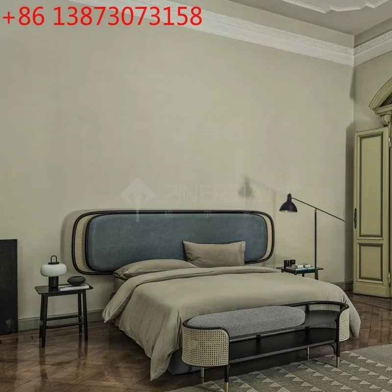 Rattan master bedroom double soft bag solid wood bed new Chinese solid wood wedding bed